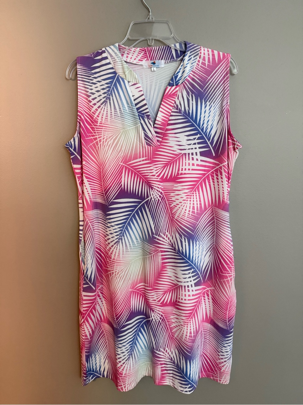 Sleeveless Pink Palm-Print UPF Dress